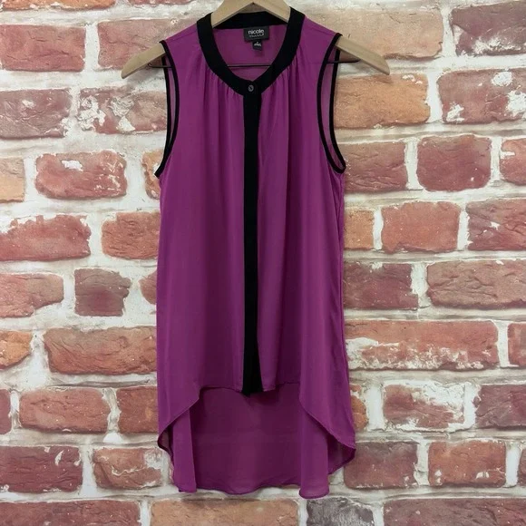 Nicole Miller Top Womens Small Purple Pink Black High Low Sleeveless Sheer Shirt - Picture 6 of 8